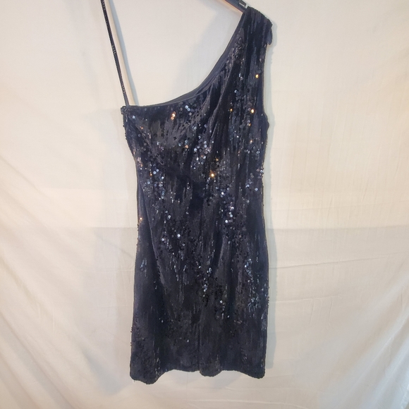 $189 Nicole Miller Women's 4 Black One-Shoulder Sheath Siquin Velvet Dress New. - Picture 4 of 5